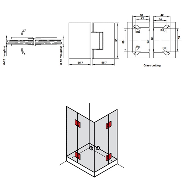 Kích thước của Bản lề kính - kính 180º màu đen Hafele 981.77.903 Kích thước của Bản lề kính - kính 180º màu đen Hafele 981.77.903