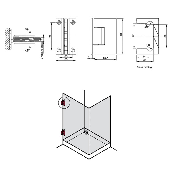 Kích thước của Bản lề kính tường 90 độ Hafele 981.77.900 Kích thước của Bản lề kính tường 90 độ Hafele 981.77.900