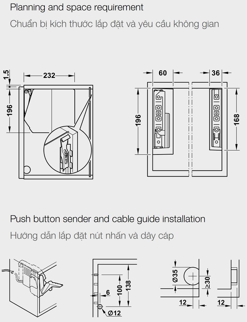 Kích thước của Bộ tay nâng Free Flap 1.7E Hafele 372.29.700 nắp trắng Kích thước của Bộ tay nâng Free Flap 1.7E Hafele 372.29.700 nắp trắng
