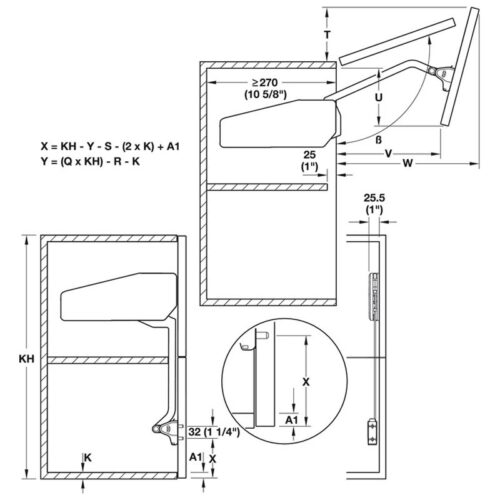 Bộ tay nâng Free Fold Short Hafele 493.05.734 3 Kích thước của Bộ tay nâng Free Fold Short Hafele 493.05.734