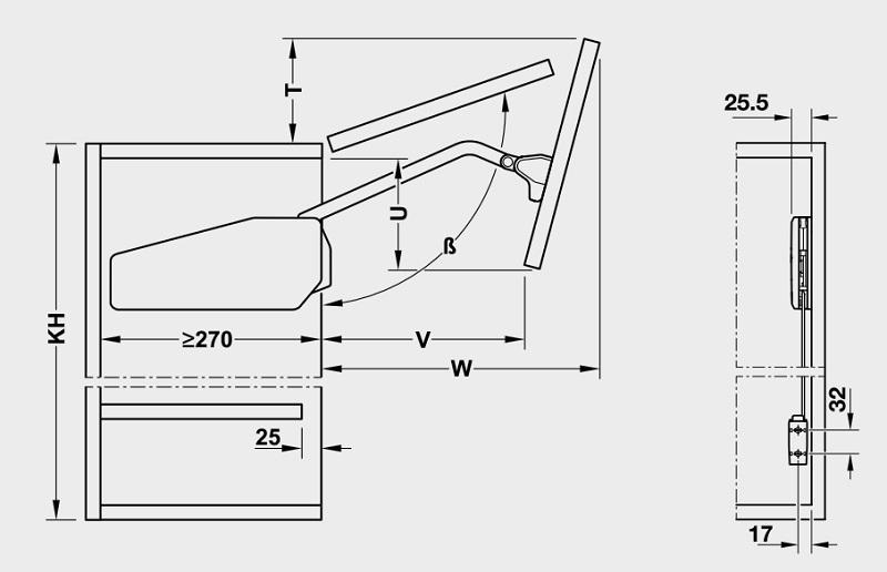 Kích thước của Bộ tay nâng Free Fold Short Hafele 493.05.738 Kích thước của Bộ tay nâng Free Fold Short Hafele 493.05.738