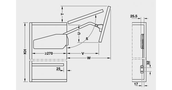 Kích thước của Bộ tay nâng Free Fold Short Hafele 493.05.739 Kích thước của Bộ tay nâng Free Fold Short Hafele 493.05.739