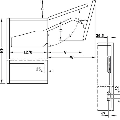 Bộ tay nâng Free Fold Short Hafele 493.05.741 3 Kích thước của Bộ tay nâng Free Fold Short Hafele 493.05.741