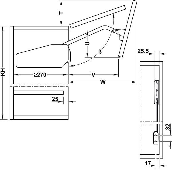 Kích thước của Bộ tay nâng Free Fold Short Hafele 493.05.741 Kích thước của Bộ tay nâng Free Fold Short Hafele 493.05.741