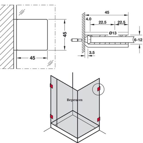 Kẹp kính tường 90º phòng tắm kính Hafele 981.77.918 4 Kích thước của Kẹp kính tường 90º phòng tắm kính Hafele 981.77.918
