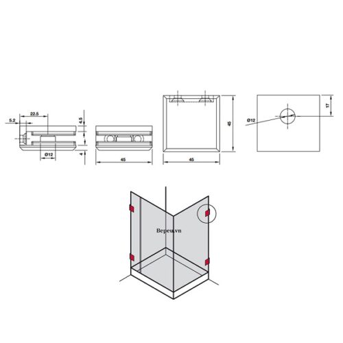 Kẹp tường - kính 90 độ màu đen Hafele 981.77.919 3 Kích thước của Kẹp tường - kính 90 độ màu đen Hafele 981.77.919