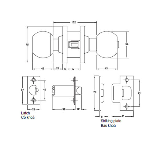 Khóa tay nắm tròn cửa chính loại lớn Hafele 911.64.267 3 Kích thước của Khóa tay nắm tròn cửa chính loại lớn Hafele 911.64.267