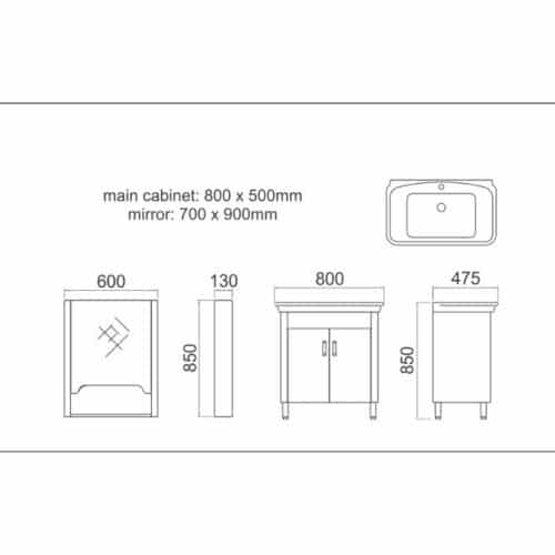 Bộ tủ chậu Gorlde GD-102 3 Kích thước bộ tủ chậu Gorlde GD-102