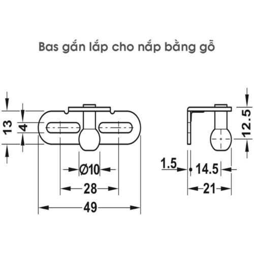 Pittong đẩy cánh tủ 150N Hafele 373.82.910 6 Kích thước bas nắp gỗ pittong đẩy cánh tủ 150N Hafele 373.82.910
