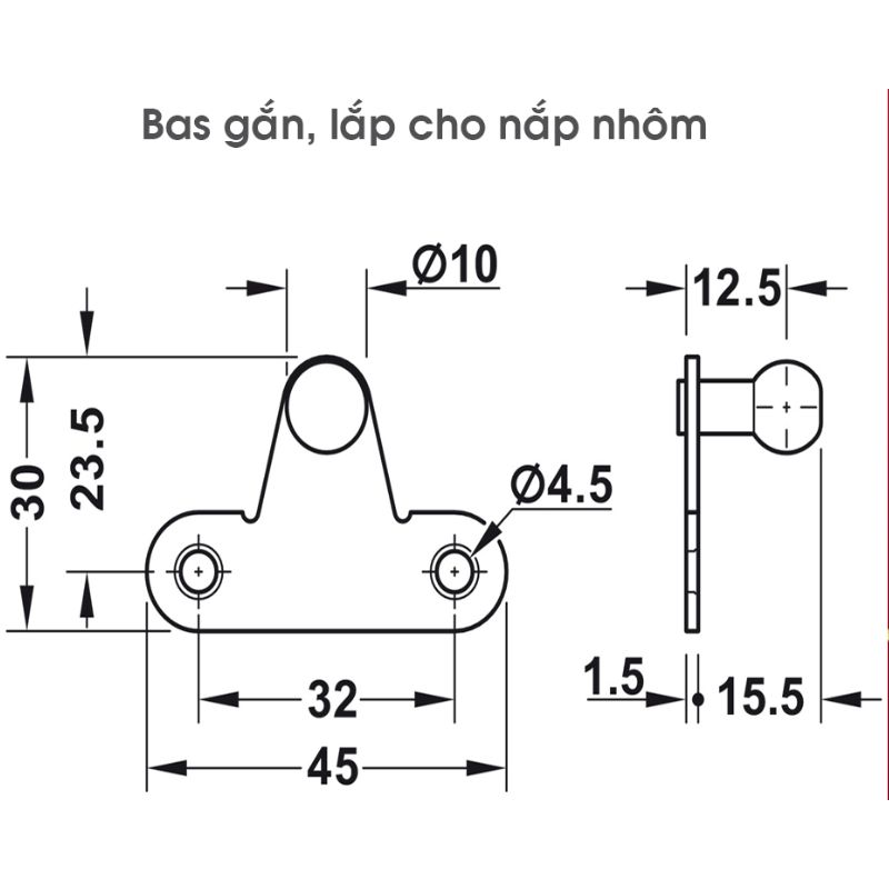 Kích thước bas nắp nhôm pittong đẩy cánh tủ 150N Hafele 373.82.910 Kích thước bas nắp nhôm pittong đẩy cánh tủ 150N Hafele 373.82.910