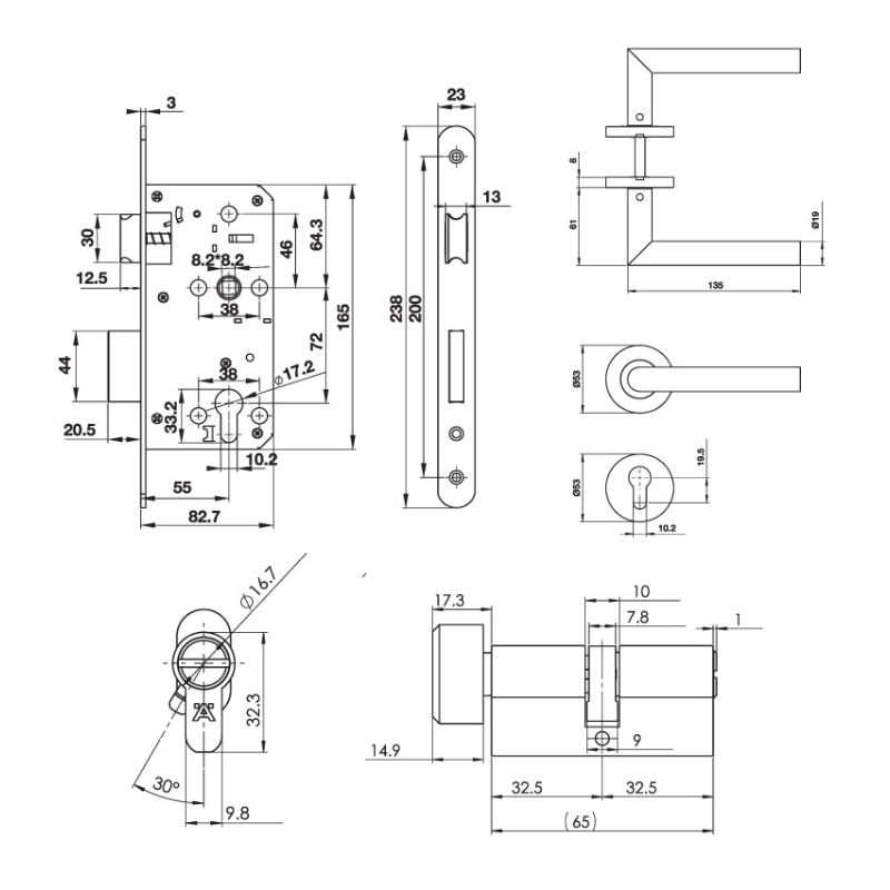 Kích thước bộ khóa tay nắm cửa vệ sinh Hafele 489.10.660 Kích thước bộ khóa tay nắm cửa vệ sinh Hafele 489.10.660