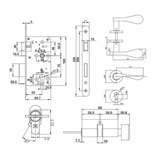 Bộ khóa tay nắm nắp chụp Hafele 499.63.802 3 Kích thước bộ khóa tay nắm nắp chụp Hafele 499.63.802