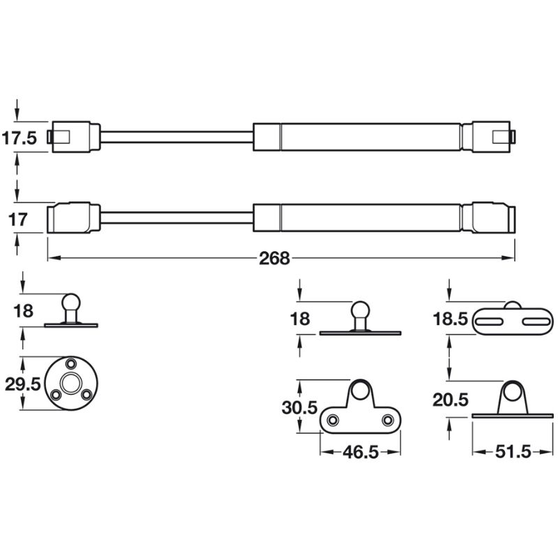 Kích thước chi tiết pittong đẩy cánh tủ 150N Hafele 373.82.910 Kích thước chi tiết pittong đẩy cánh tủ 150N Hafele 373.82.910