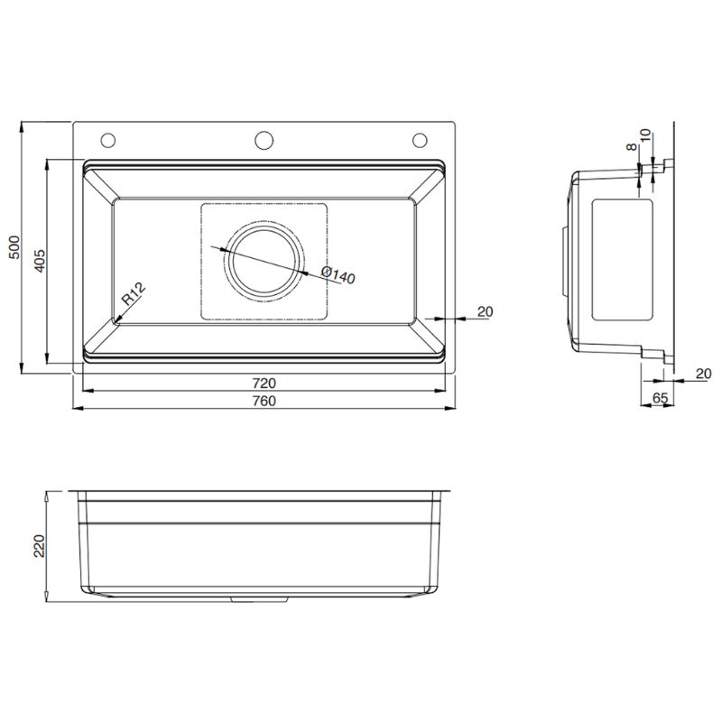 Kích thước chậu rửa bát 1 hố Kluger KWF8161FS-S76 Plus Kích thước chậu rửa bát 1 hố Kluger KWF8161FS-S76 Plus