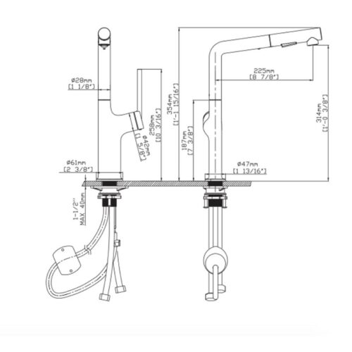 Vòi rửa bát nóng lạnh Kluger KLF0001S có dây rút 5 Kích thước vòi rửa bát nóng lạnh Kluger KLF0001S có dây rút