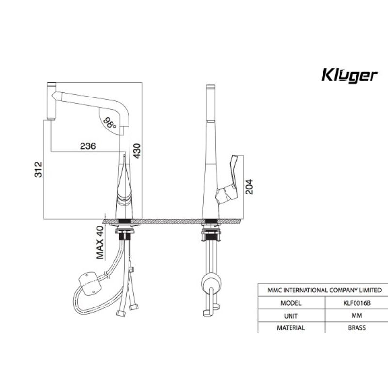 Kích thước vòi rửa bát nóng lạnh Kluger KLF0016C có dây rút Kích thước vòi rửa bát nóng lạnh Kluger KLF0016C có dây rút