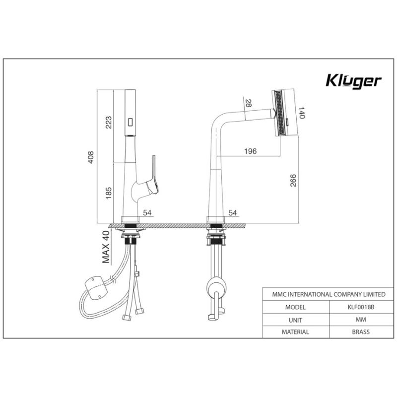 Kích thước vòi rửa bát nóng lạnh Kluger KLF0018B có dây rút Kích thước vòi rửa bát nóng lạnh Kluger KLF0018B có dây rút