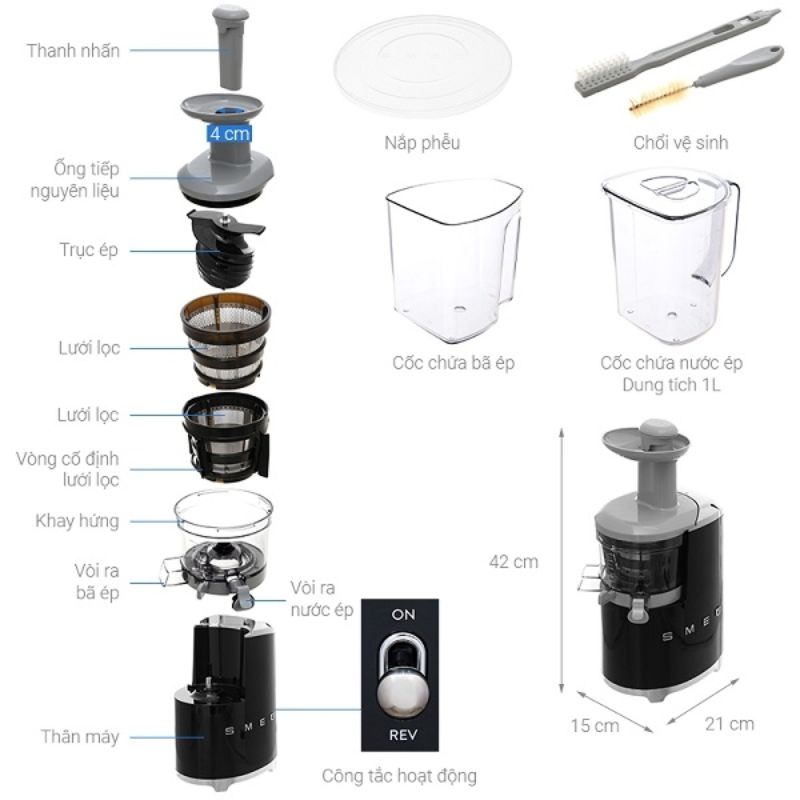 Chi tiết máy ép chậm trái cây Smeg SJF01BLEU Black Chi tiết máy ép chậm trái cây Smeg SJF01BLEU Black