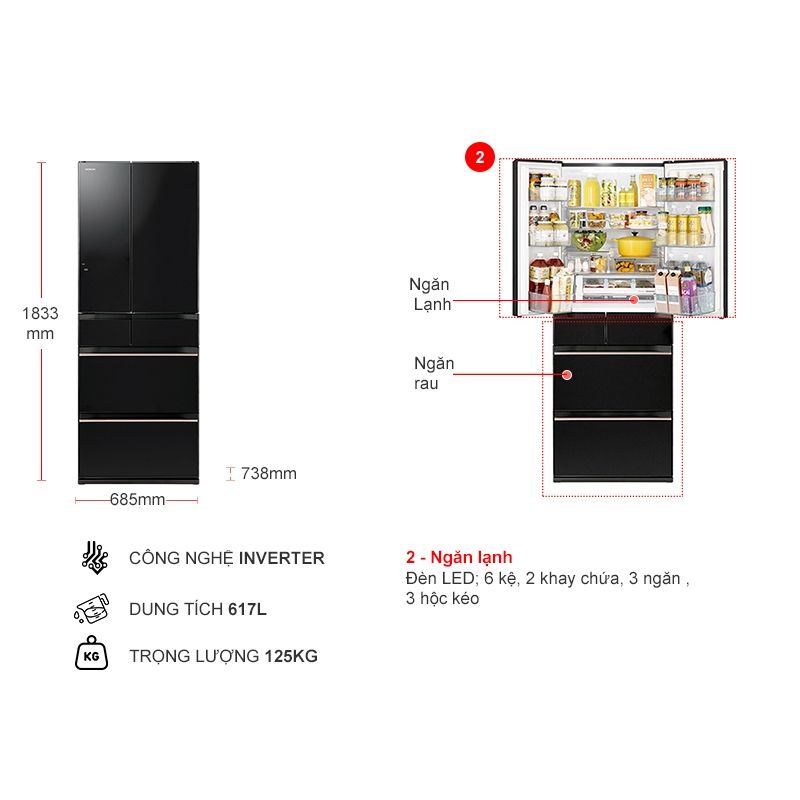 Chi tiết tủ lạnh 6 cánh 617 lít Hitachi HW620 XK Chi tiết tủ lạnh 6 cánh 617 lít Hitachi HW620 XK