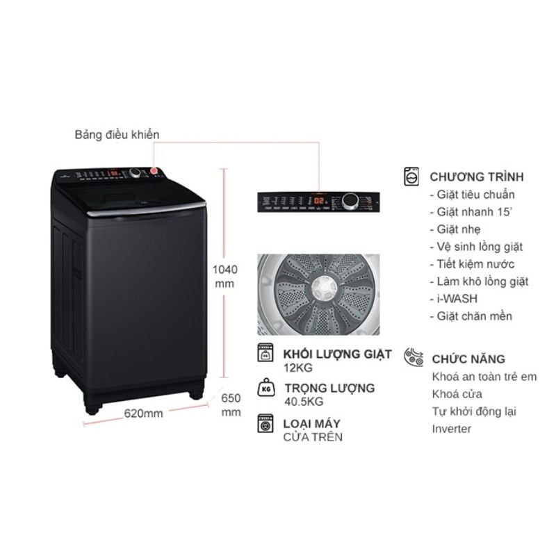 Kích thước máy Giặt Aqua Inverter 12 Kg AQW-DR120HT.BK cửa trên Kích thước máy Giặt Aqua Inverter 12 Kg AQW-DR120HT.BK cửa trên