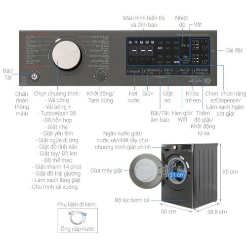 Kích thước máy Giặt LG Inverter 12 Kg FV1412S3BA cửa trước