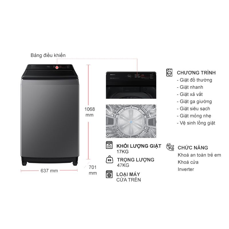 Kích thước máy Giặt Samsung Ecobubble Inverter 17 kg WA17CG6442BDSV cửa trên Kích thước máy Giặt Samsung Ecobubble Inverter 17 kg WA17CG6442BDSV cửa trên