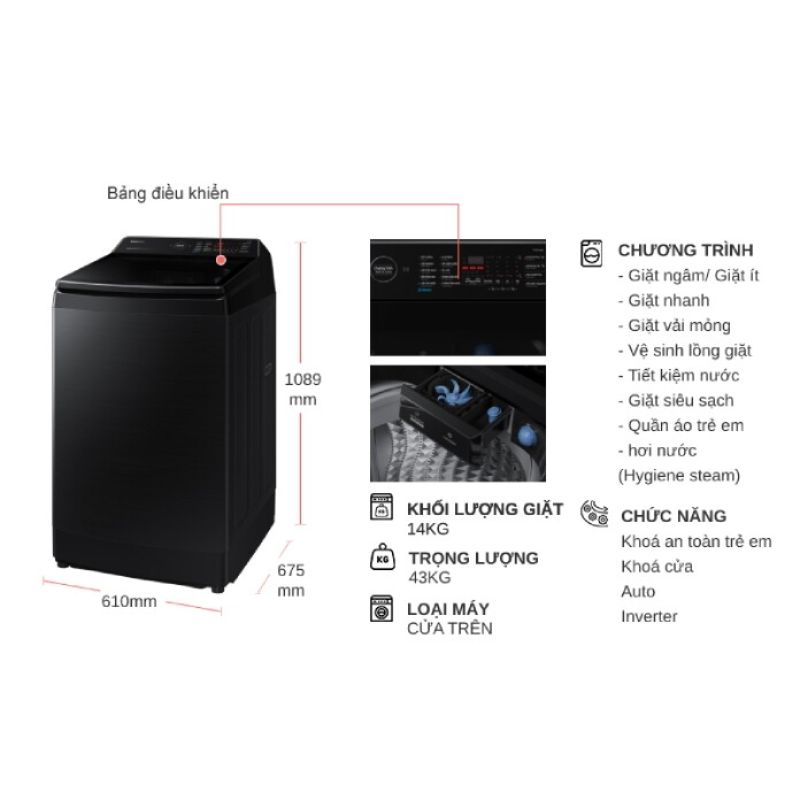 Kích thước máy giặt Samsung Inverter 14 kg WA14CG5886BVSV cửa trên Kích thước máy giặt Samsung Inverter 14 kg WA14CG5886BVSV cửa trên