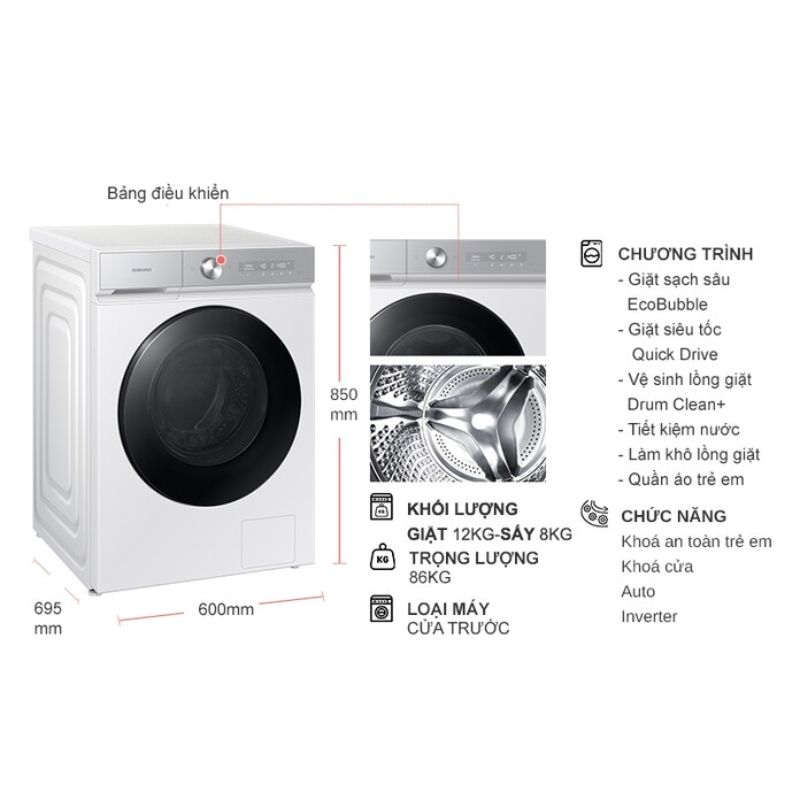 Kích thước máy Giặt Sấy Samsung Inverter Giặt 12 Kg - Sấy 8 Kg WD12BB944DGHSV Kích thước máy Giặt Sấy Samsung Inverter Giặt 12 Kg - Sấy 8 Kg WD12BB944DGHSV