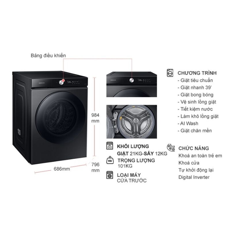 Kích thước máy Giặt Sấy Samsung Inverter Giặt 21 Kg - Sấy 12 Kg WD21B6400KV/SV Kích thước máy Giặt Sấy Samsung Inverter Giặt 21 Kg - Sấy 12 Kg WD21B6400KV/SV