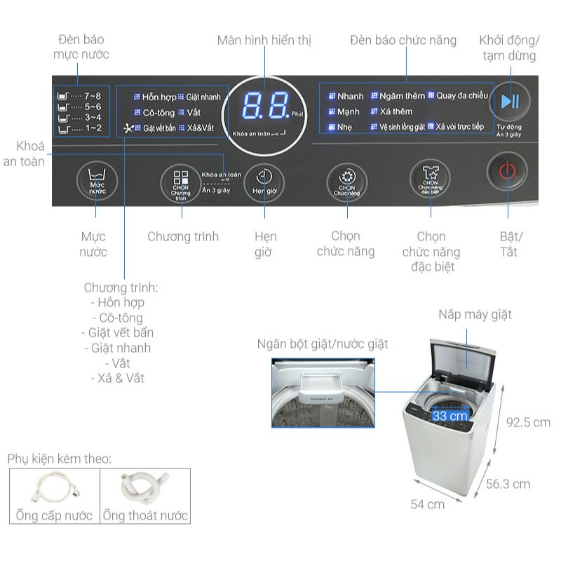 Kích thước máy Giặt Whirlpool 9.5 Kg VWVC9502FS cửa trên Kích thước máy Giặt Whirlpool 9.5 Kg VWVC9502FS cửa trên