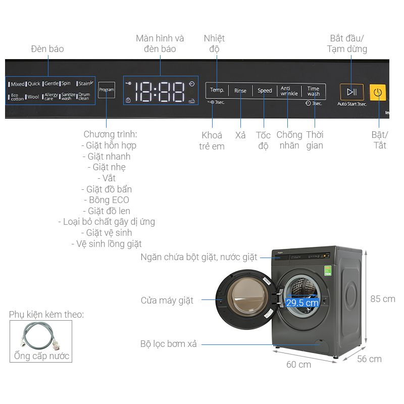 Kích thước máy Giặt Whirlpool Inverter 9 Kg FWEB9002FG cửa trước Kích thước máy Giặt Whirlpool Inverter 9 Kg FWEB9002FG cửa trước