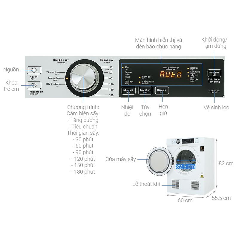 Kích thước máy Sấy Thông Hơi Aqua 7 Kg AQH-V700F Kích thước máy Sấy Thông Hơi Aqua 7 Kg AQH-V700F
