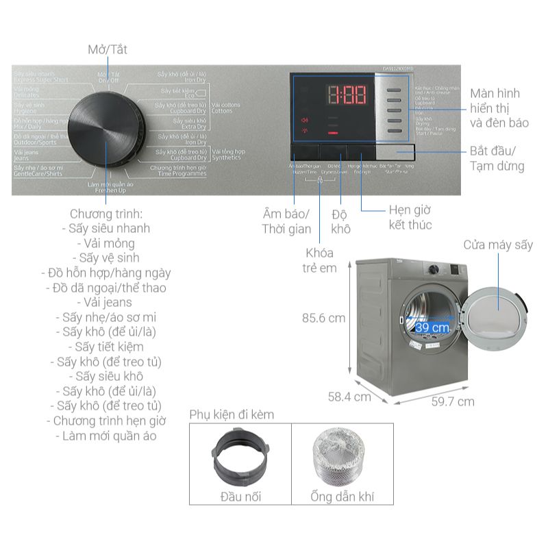 Kích thước máy Sấy Thông Hơi Beko 9 Kg DA9112RX0MB Kích thước máy Sấy Thông Hơi Beko 9 Kg DA9112RX0MB