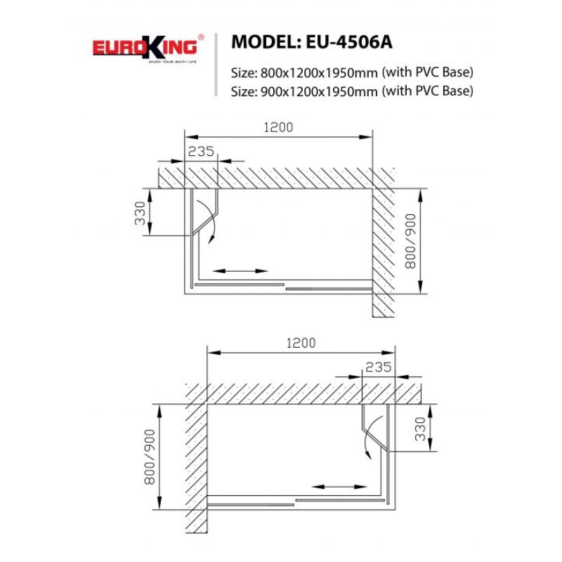 Kích thước phòng tắm vách kính Euroking EU-4506A 800mm Kích thước phòng tắm vách kính Euroking EU-4506A 800mm