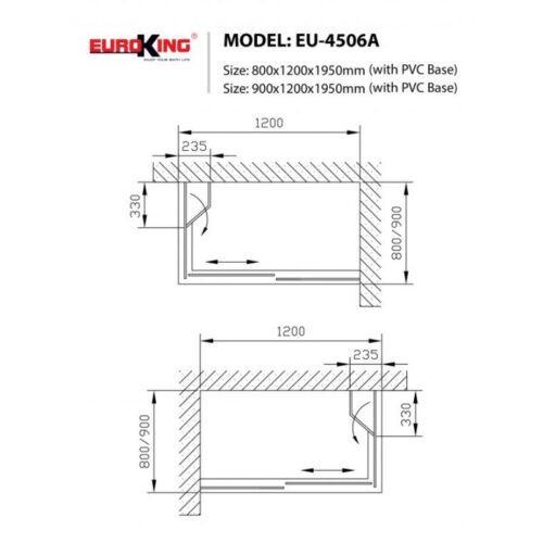 Kích thước phòng tắm vách kính Euroking EU-4506A 900mm