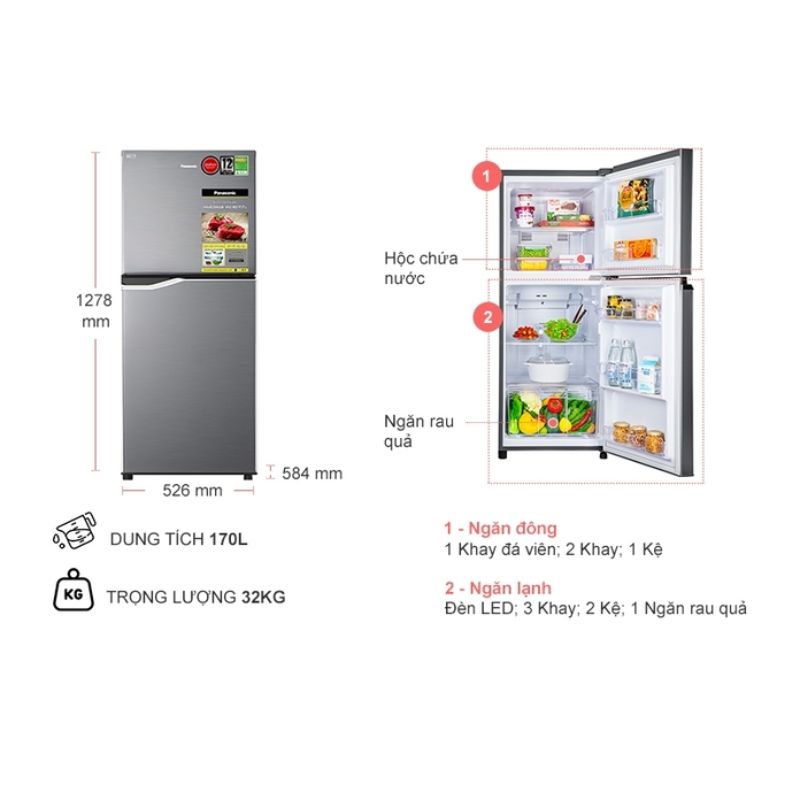 Kích thước tủ Lạnh 2 cánh Inverter 170 Lít Panasonic NR-BA190PPVN Kích thước tủ Lạnh 2 cánh Inverter 170 Lít Panasonic NR-BA190PPVN