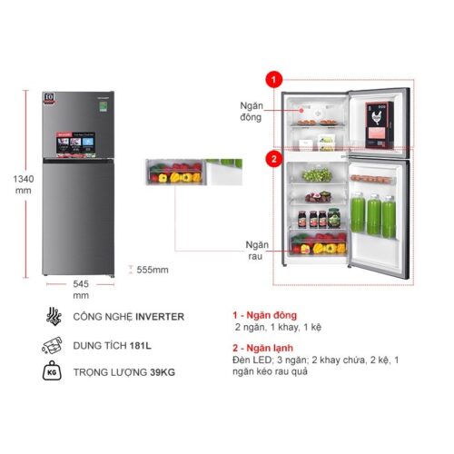 Kích thước tủ Lạnh 2 cánh Inverter 181 Lít Sharp SJ-X198V-SL