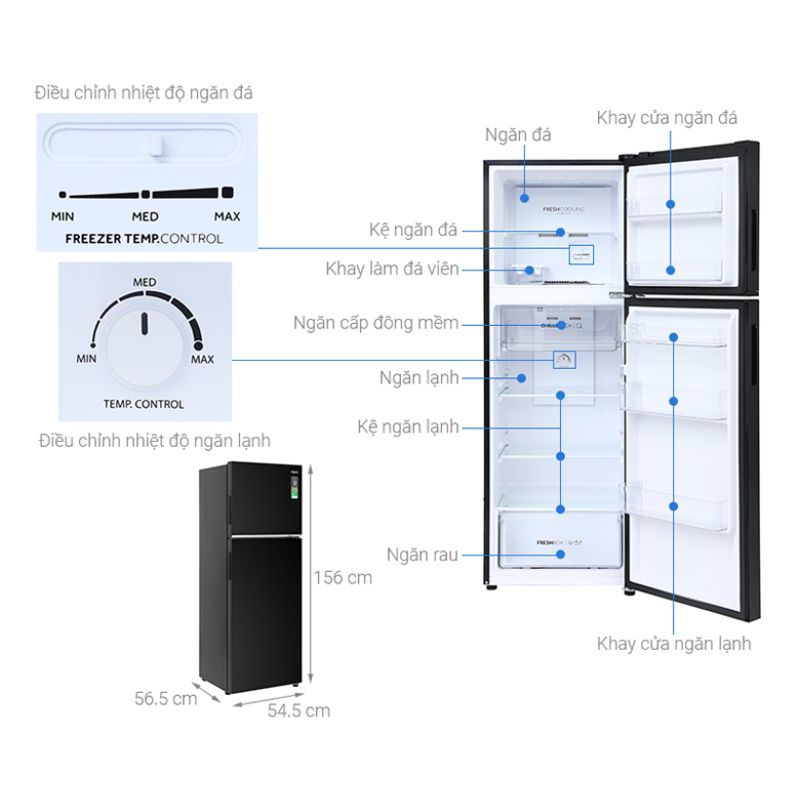 Kích thước tủ Lạnh 2 cánh Inverter 236 Lít Aqua AQR-T260FA(FB) Kích thước tủ Lạnh 2 cánh Inverter 236 Lít Aqua AQR-T260FA(FB)