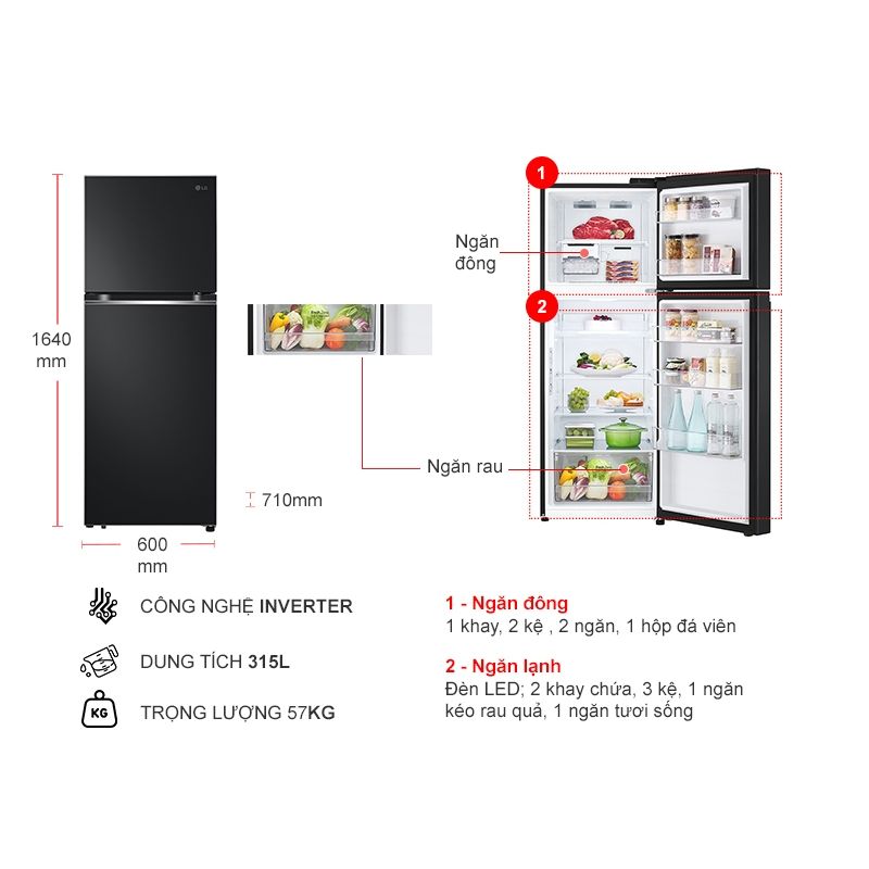 Kích thước tủ Lạnh 2 cánh Inverter 315 Lít LG LTB31BLM Kích thước tủ Lạnh 2 cánh Inverter 315 Lít LG LTB31BLM