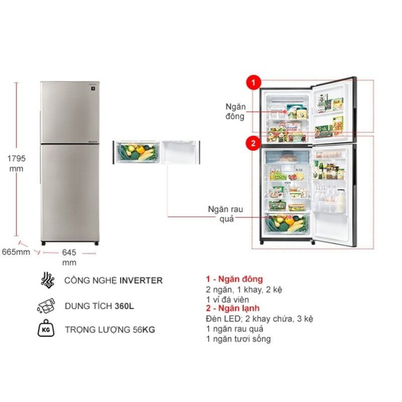 Kích thước tủ Lạnh 2 cánh Inverter 360 Lít Sharp SJ-XP382AE-SL Kích thước tủ Lạnh 2 cánh Inverter 360 Lít Sharp SJ-XP382AE-SL