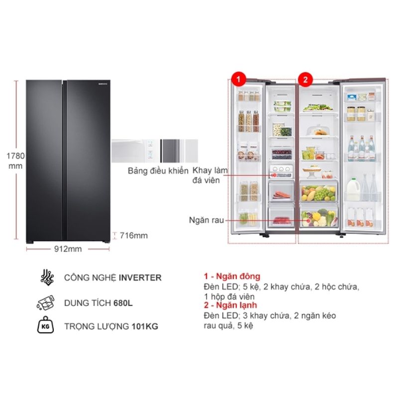 Kích thước tủ Lạnh 2 cánh side by side Inverter 680 Lít Samsung RS62R5001B4/SV Kích thước tủ Lạnh 2 cánh side by side Inverter 680 Lít Samsung RS62R5001B4/SV