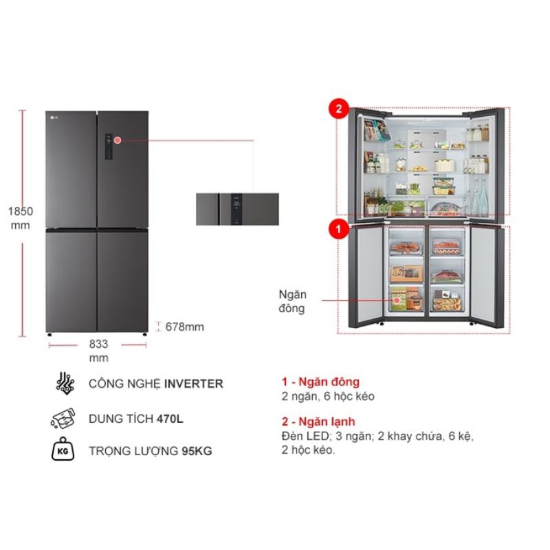 Kích thước tủ Lạnh 4 cánh Multi Door Inverter 470 Lít LG GR-B50BL Kích thước tủ Lạnh 4 cánh Multi Door Inverter 470 Lít LG GR-B50BL