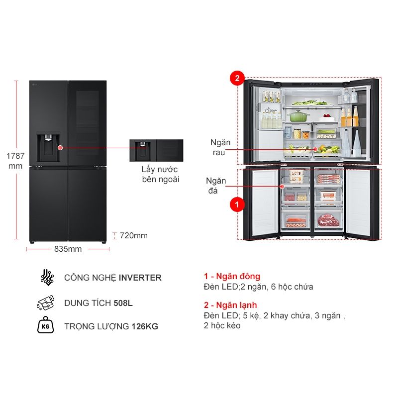 Kích thước tủ Lạnh 4 cánh Multi Door Inverter 508 Lít LG LFI50BLMAI Kích thước tủ Lạnh 4 cánh Multi Door Inverter 508 Lít LG LFI50BLMAI