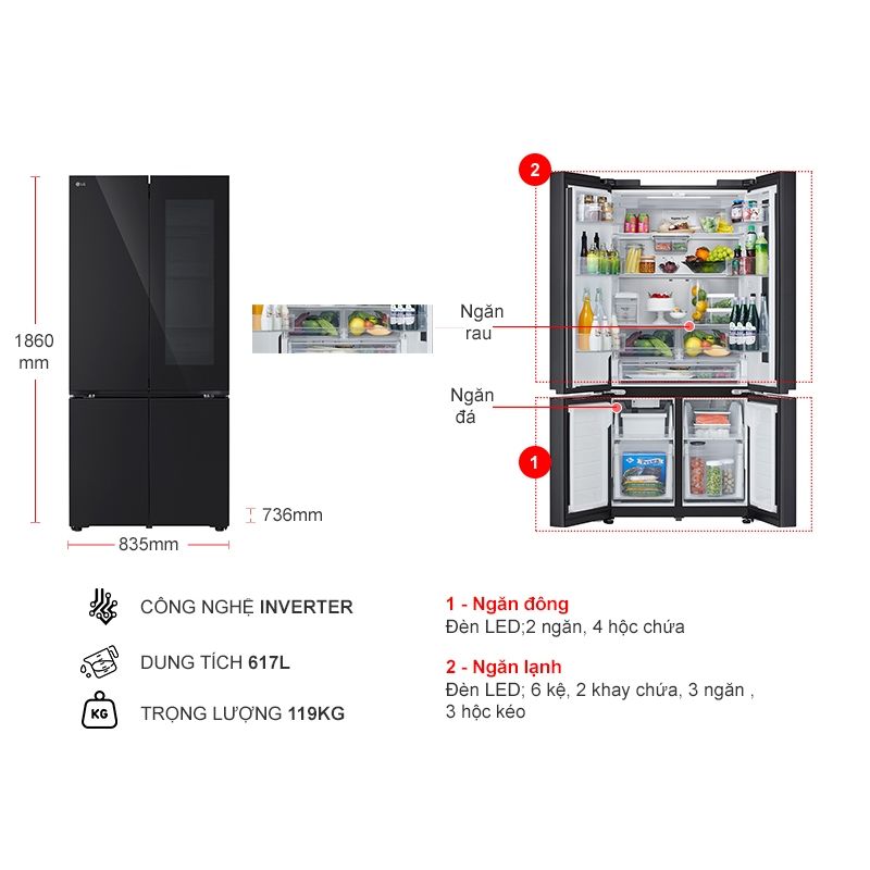 Kích thước tủ Lạnh 4 cánh Multi Door Inverter 617 Lít LG LFB61BLGAI Kích thước tủ Lạnh 4 cánh Multi Door Inverter 617 Lít LG LFB61BLGAI