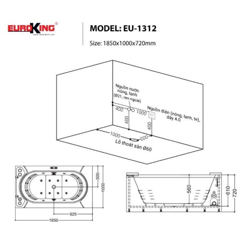 Bồn tắm Euroking EU-1312 3 skirts 5 Kích thước bồn tắm Euroking EU-1312 3 skirts