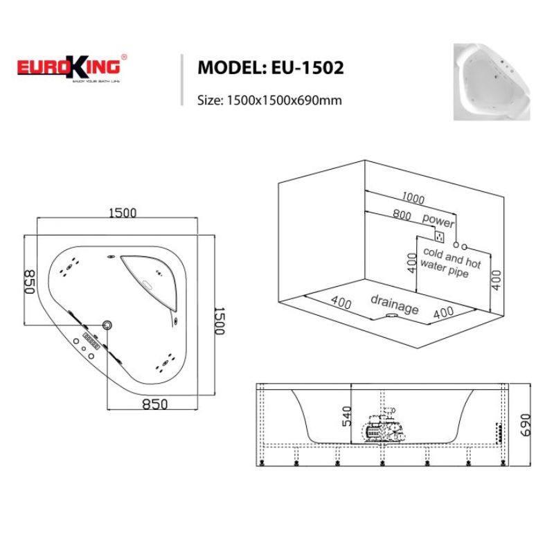Kích thước bồn tắm massage EuroKing EU-1502 Kích thước bồn tắm massage EuroKing EU-1502