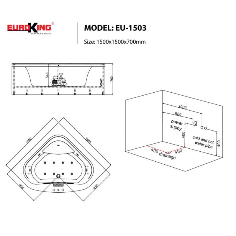 Kích thước bồn tắm massage EuroKing EU-1503 Kích thước bồn tắm massage EuroKing EU-1503
