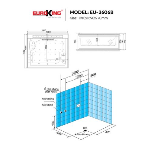 Bồn tắm massage Euroking EU-2606 4 Kích thước bồn tắm massage Euroking EU-2606