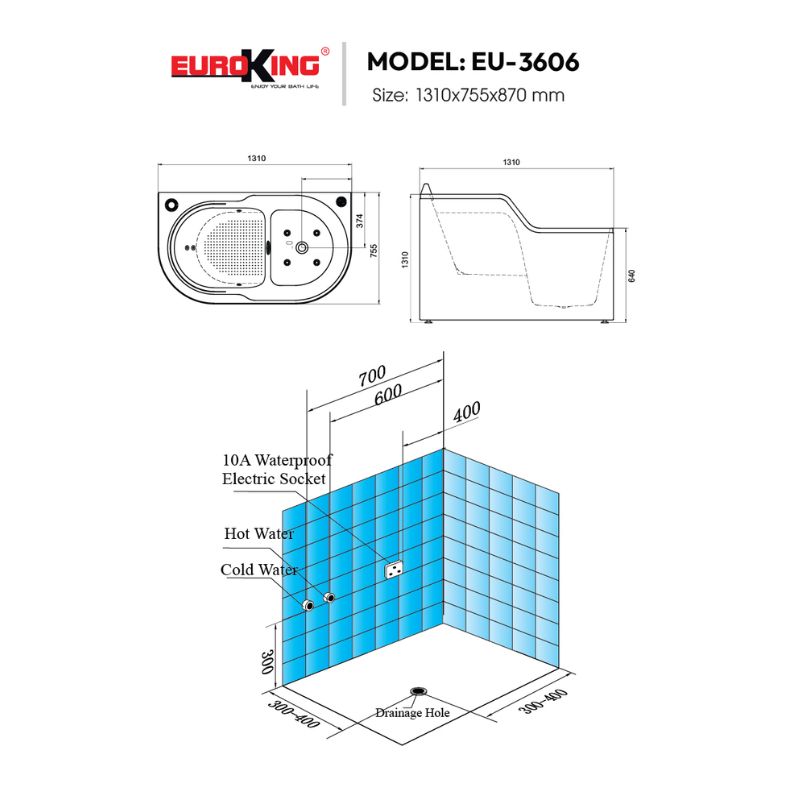 Kích thước bồn tắm massage Euroking EU-3606 Kích thước bồn tắm massage Euroking EU-3606