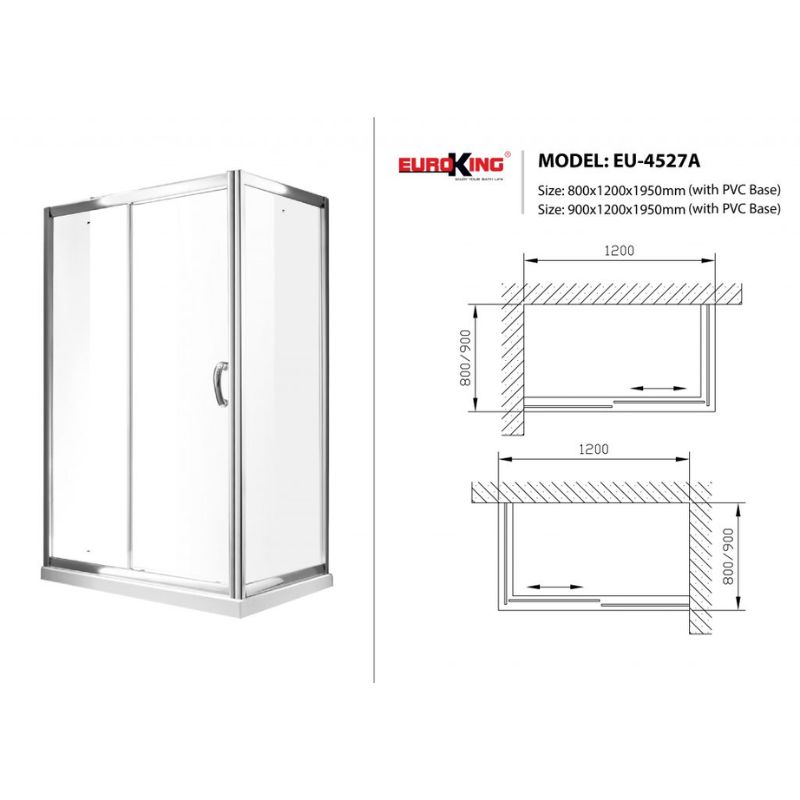 Kích thước phòng tắm vách kính Euroking EU-4527A 800mm Kích thước phòng tắm vách kính Euroking EU-4527A 800mm